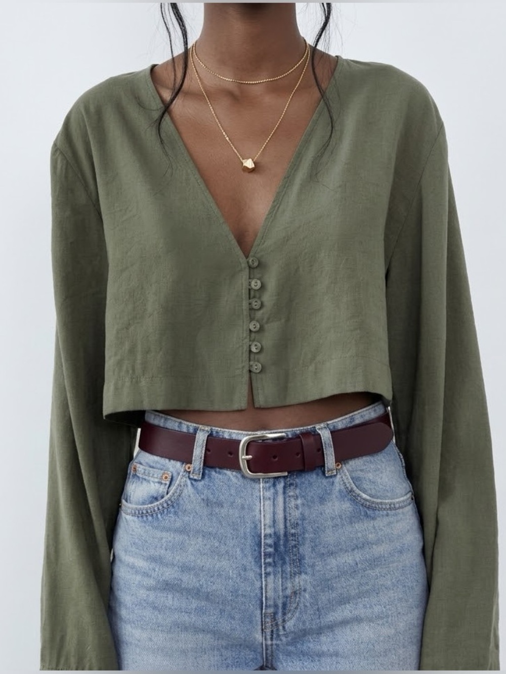 🌿 Zara Olive Green Modal Blend Button Front Long Sleeve Cropped Top Womens XS